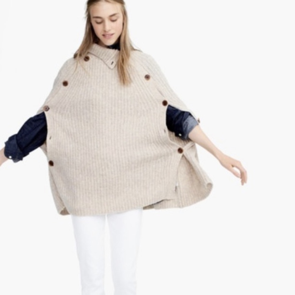 J. Crew Neutral Ribbed Button-Shoulder Poncho - Picture 2 of 12